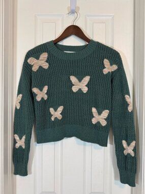 Sugar Moon Green Butterfly Cropped Knit Sweater Size S